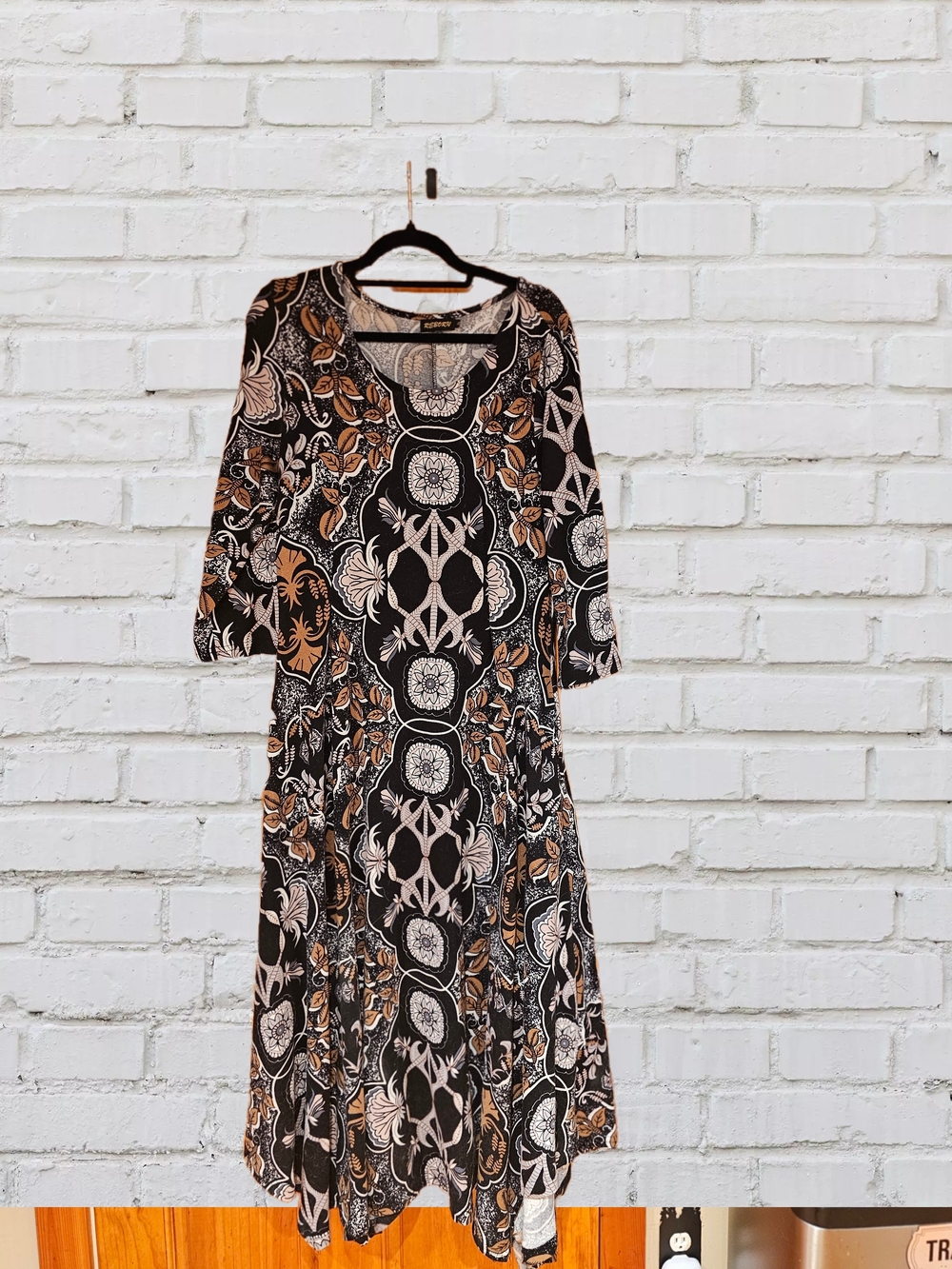 Reborn Black Maxi Dress with Cream and Tan Floral Medallion Print